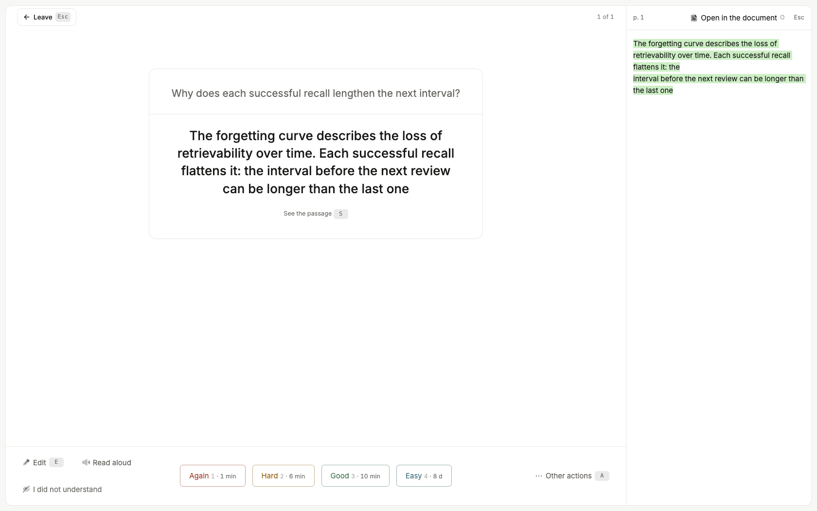 A card under review, and beside it the source passage reopened in the course, still highlighted.