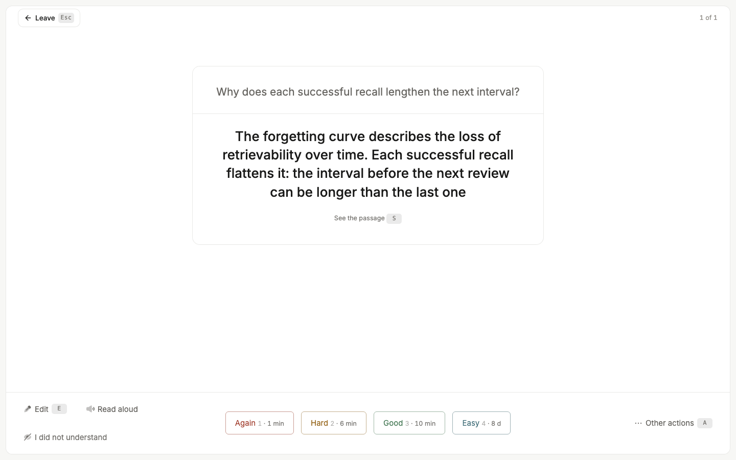 A card under review, with four buttons (Again, Hard, Good, Easy), each showing the date it would write.