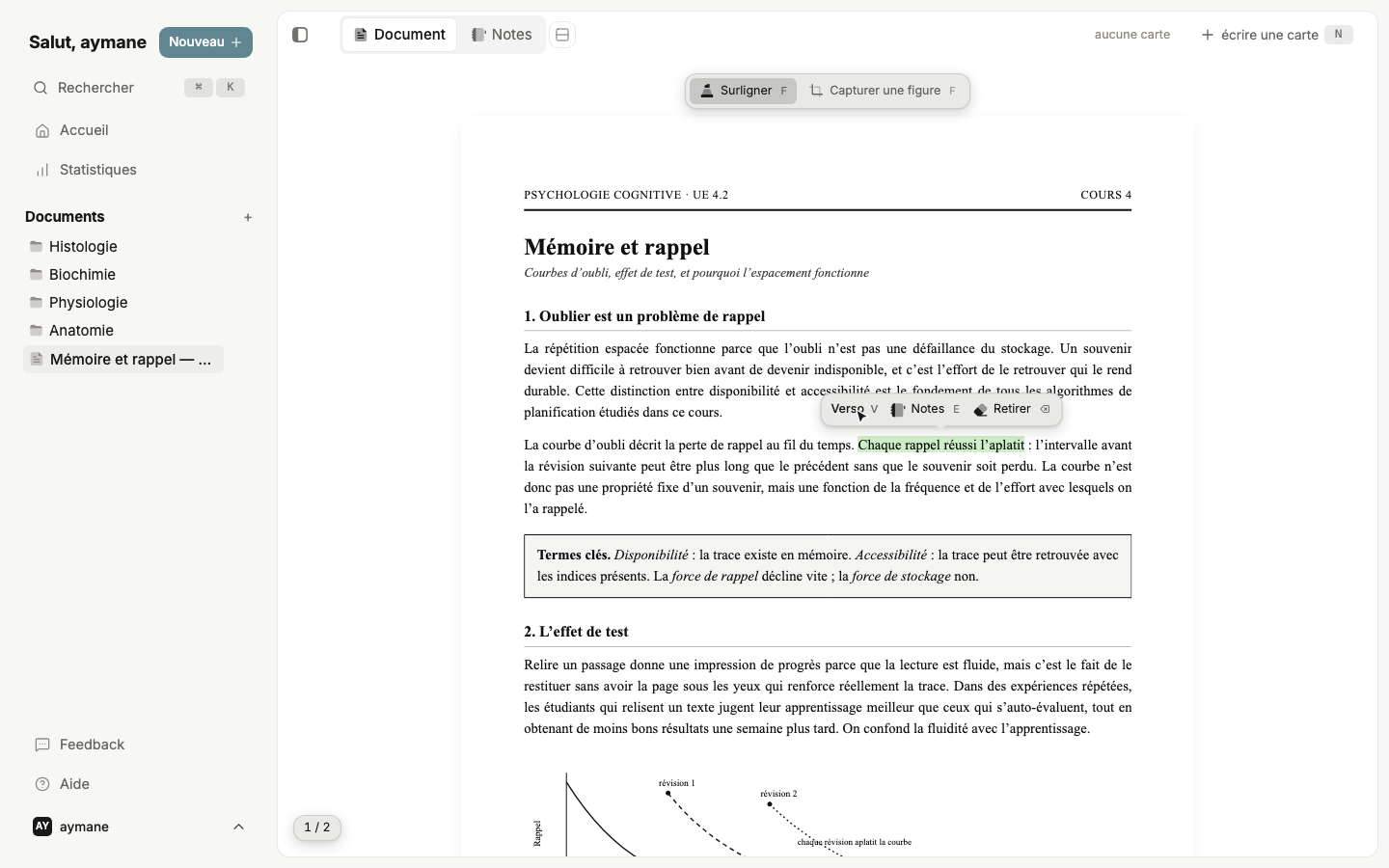 Un passage surligné en plein milieu d’une phrase, et une barre qui propose de l’envoyer au verso.