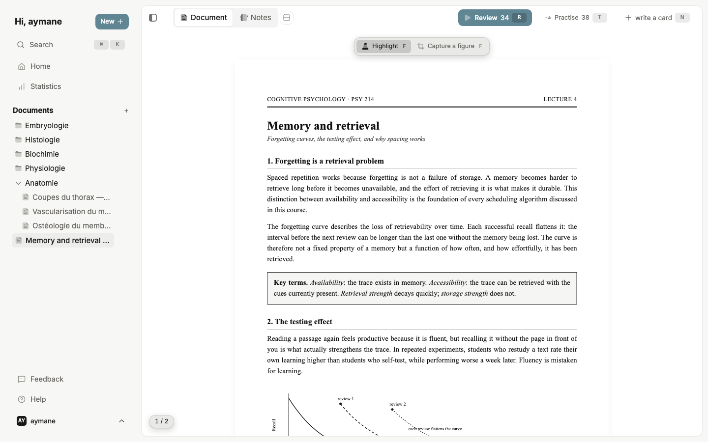 Recall Note in use: a sidebar full of course folders, a lecture PDF open, and 34 cards due for review.